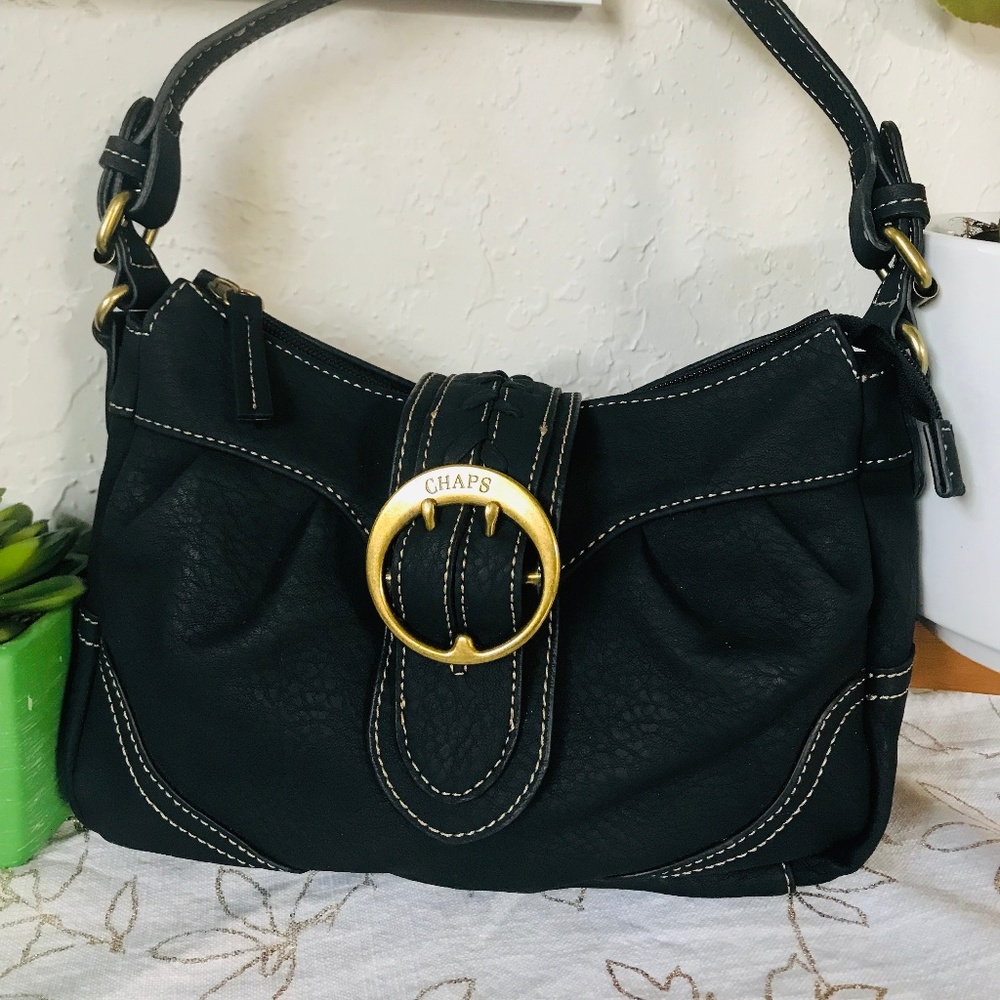 Chaps Shoulder Purse Black With Bronze Buckle